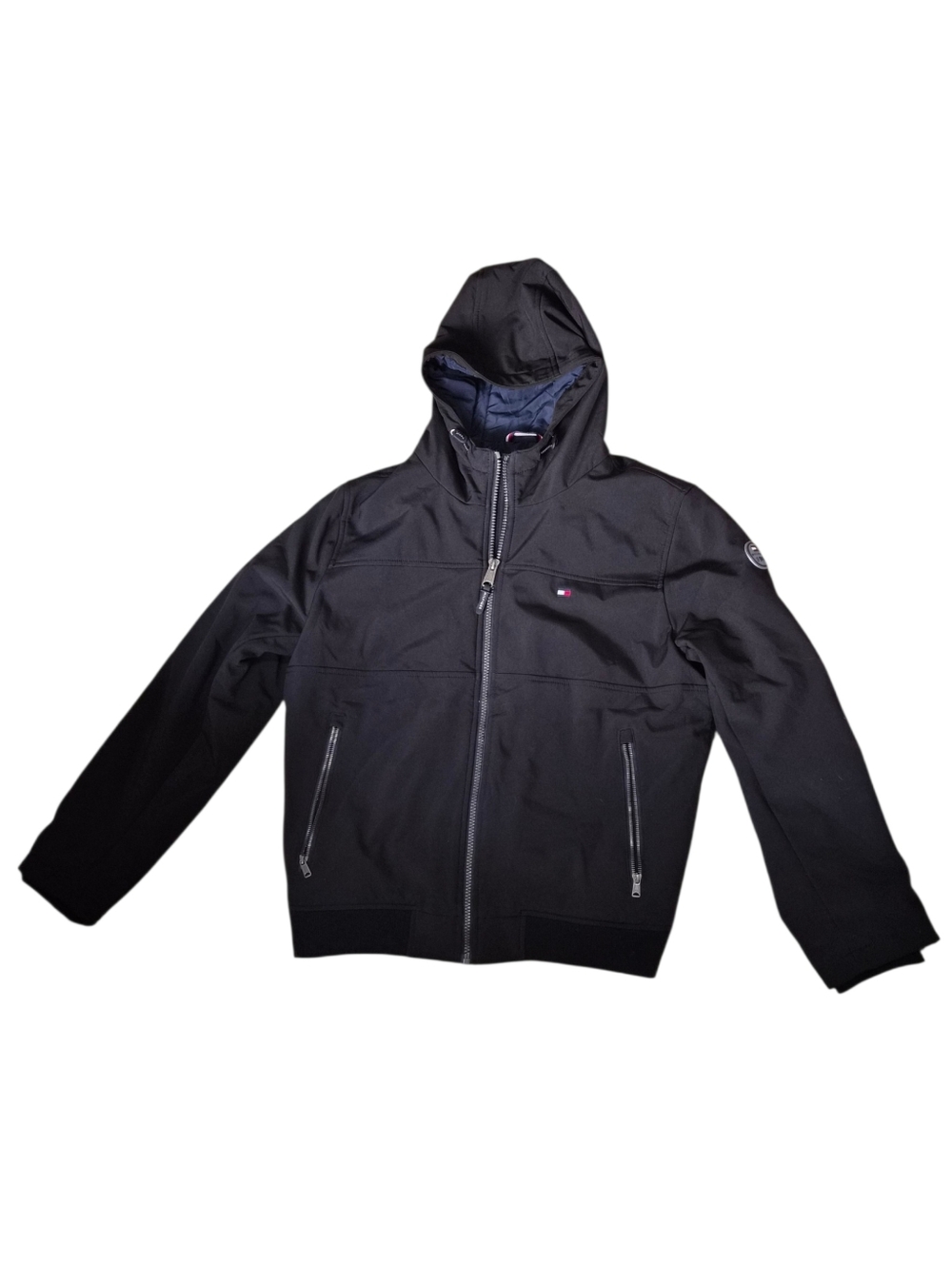 Tommy Hilfiger Black Hooded Jacket Full Zip Logo Lined Coat Men’s XL